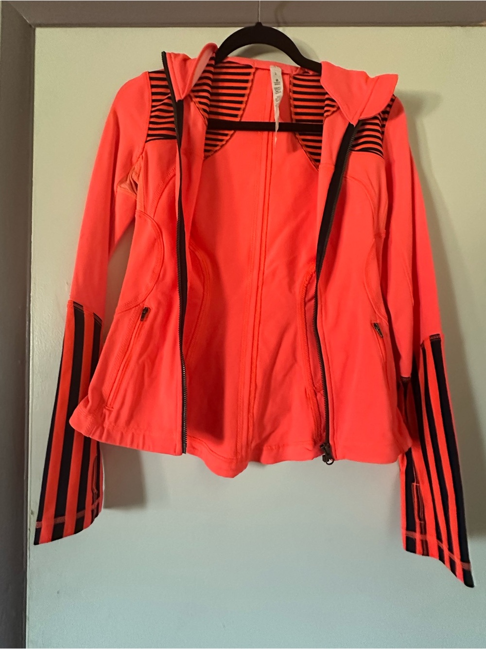 lululemon athletica Neon Coral Hooded Bomber Jacket with Black Stripes